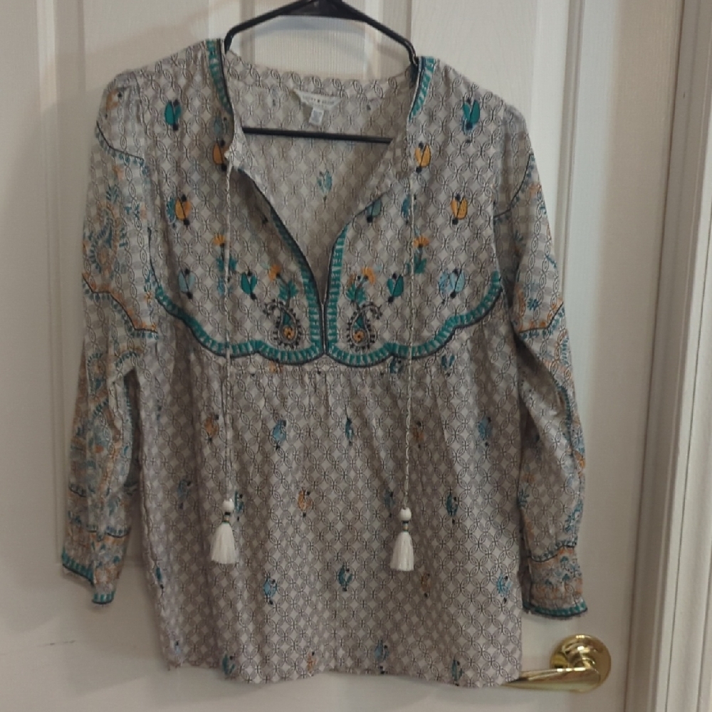 Lucky‎ Brand Teal and Yellow Embroidered Blouse